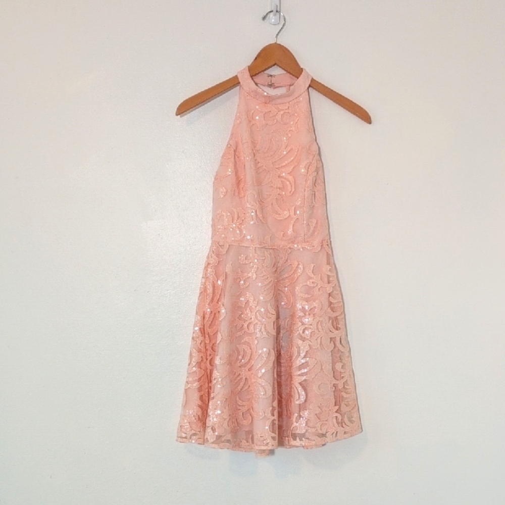New Lulus Blush Pink Sequin Halter Low Back A-Line Mini Dress Hoco Cocktail S